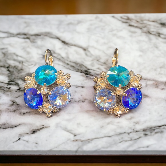 Italian Swarovski Sapphire & Aquamarine Crystal Earrings - Picture 5 of 5